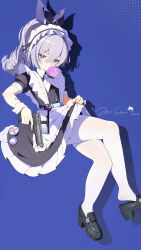  1girl absurdres apron black_dress black_footwear blowing_bubbles blue_background chewing_gum clothes_lift commentary_request crossed_legs dress dress_lift drill_hair drill_ponytail full_body grey_eyes grey_hair gun hair_between_eyes handgun high_heels highres holding holding_gun holding_weapon honkai:_star_rail honkai_(series) invisible_chair lifting_own_clothes long_hair looking_at_viewer maid maid_headdress pantyhose puffy_short_sleeves puffy_sleeves shoes short_sleeves silver_wolf_(honkai:_star_rail) simple_background sitting solo waist_apron weapon white_apron white_pantyhose wrist_cuffs zhishuixy 