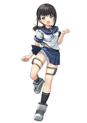  1girl absurdres anchor_symbol black_hair blue_neckerchief blue_sailor_collar blue_skirt clothes_lift commentary_request feet_out_of_frame fubuki_(kancolle) full_body grey_eyes highres kantai_collection long_hair low_ponytail neckerchief panties pleated_skirt sailor_collar sailor_shirt shirt sidelocks simple_background skirt skirt_lift smile solo thigh_strap underwear white_panties white_shirt wind wind_lift yashin_(yasinz) zoom_layer  rating:Sensitive score:2 user:danbooru