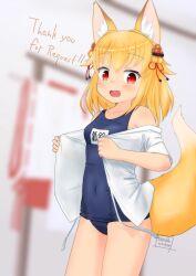  1girl :d animal_ear_fluff animal_ears bell blonde_hair blurry blurry_background blush borrowed_character breasts covered_navel cowboy_shot english_text fang female_focus flower fox_ears fox_girl fox_tail hair_bell hair_flower hair_ornament indoors jingle_bell kosuzu_rin-chan looking_at_viewer lossy-lossless medium_hair name_tag off_shoulder old_school_swimsuit open_mouth original raised_eyebrows red_eyes school_swimsuit school_swimsuit_flap shirt signature skin_fang small_breasts smile solo stealthwriter string swimsuit swimsuit_under_clothes tail thank_you translation_request undressing unworn_kimono webp-to-png_conversion white_shirt 