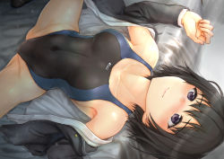  1girl amagami black_hair black_jacket black_one-piece_swimsuit blazer breasts brown_eyes cleavage commentary_request competition_swimsuit covered_navel cowboy_shot highres jacket lying medium_breasts nanasaki_ai on_back one-piece_swimsuit open_clothes open_jacket sasagawa_(haikaiki) short_hair solo spread_legs swimsuit two-tone_swimsuit 