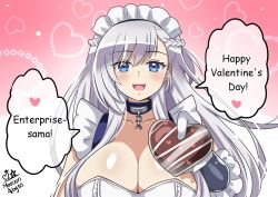 1girl azur_lane belfast_(azur_lane) blue_eyes braid breasts broken broken_chain candy chain chocolate chocolate_heart cleavage collar food french_braid frilled_gloves frills gloves heart highres large_breasts long_hair looking_at_viewer maid maid_headdress maroonabyss open_mouth silver_hair smile solo upper_body valentine  rating:Sensitive score:8 user:danbooru