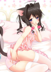  1girl ahoge animal_ears ass bed black_hair blue_eyes blush breasts cat_ears cat_tail clothing_aside covered_erect_nipples female_masturbation fingering hair_bobbles hair_intakes hair_ornament hand_in_panties intertwined_tails legs loli lying masturbation muttyan nipples on_side original panties panties_aside pillow pink_panties piyodera_mucha pussy_juice pussy_juice_stain see-through small_breasts solo tail thighhighs underwear underwear_only wet wet_clothes wet_panties white_thighhighs 