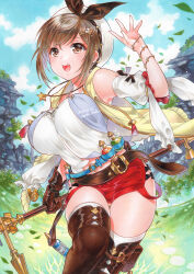  1girl 2020 :d artist_name atelier_(series) atelier_ryza atelier_ryza_1 bare_shoulders belt beret blue_sky blush breasts bright_pupils brown_belt brown_eyes brown_gloves brown_hair brown_thighhighs commentary curvy dated day detached_sleeves falling_leaves feet_out_of_frame floating_clothes gloves gluteal_fold grass hair_ornament hairclip hand_up happy hat holding holding_staff jacket large_breasts leaf looking_at_viewer mage_staff marker_(medium) medium_hair micro_shorts nordic_niku open_clothes open_jacket open_mouth outdoors outstretched_hand parted_bangs puffy_short_sleeves puffy_sleeves red_shorts reisalin_stout shirt short_sleeves shorts single_glove skindentation sky sleeveless sleeveless_jacket sleeveless_shirt smile solo sparkle staff standing teeth thigh_gap thighhighs thighs traditional_media upper_teeth_only white_hat white_shirt yellow_jacket 