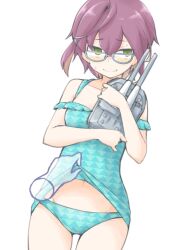 1girl adapted_turret akara_kai black_hair blush breasts brown_hair casual_one-piece_swimsuit clothes_lift cowboy_shot disembodied_hand dress_swimsuit embarrassed glasses green_eyes highres kantai_collection multicolored_hair official_alternate_costume okinami_(kancolle) one-piece_swimsuit pink_hair short_hair small_breasts swimsuit swimsuit_lift