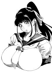  1girl black_hair bonten breasts female_focus hair_ribbon highres huge_breasts long_hair looking_at_viewer monochrome original parted_lips ponytail ribbon school_uniform simple_background solo upper_body white_background  rating:Sensitive score:29 user:fakyuh