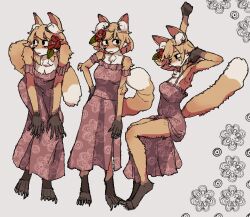  1girl absurdres animal_ear_fluff animal_ears arm_up armpits bare_shoulders barefoot commentary dress feet flower fox_ears fox_girl fox_tail from_side full_body furry furry_female grey_background hair_flower hair_ornament hand_on_own_hip hands_on_own_knees headhonchkrow hibiscus highres leaning_forward looking_at_viewer looking_to_the_side multiple_views original pink_dress profile red_fur sharp_toenails short_hair sneezing standing tail toenails 