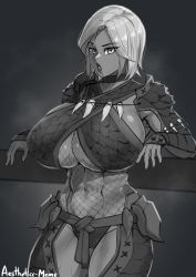1girl :o absurdres aestheticc-meme armpit_peek ayame_(monster_hunter) bodysuit breasts commentary english_commentary fishnet_bodysuit fishnets greyscale highres huge_breasts leaning_back looking_at_viewer monochrome monster_hunter_(series) monster_hunter_rise muscular muscular_female navel necklace open_hands panties parted_lips short_hair solo sweat thick_thighs thighs tooth_necklace underboob underwear rating:Sensitive score:112 user:danbooru