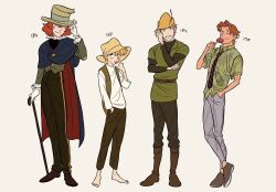  4boys belt boots br&#039;er_fox_(disney) brown_belt brown_footwear brown_vest candy cane collared_shirt food green_hat green_shirt green_tunic grey_pants hair_between_eyes hand_in_pocket hat hat_feather height highres holding holding_candy holding_food holding_lollipop honest_john_(disney) humanization lollipop long_sleeves looking_at_viewer multiple_boys necktie nick_wilde one_eye_closed orange_hair pants pinocchio_(disney) red_hair robin_hood_(disney) robin_hood_(disney)_(character) shaped_lollipop shirt smile song_of_the_south species_connection striped_necktie top_hat uochandayo vest white_shirt yellow_hat zootopia 