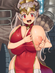  10s 1boy 1girl aliza_(granblue_fantasy) alternate_breast_size bare_shoulders blush breasts cheating_(relationship) china_dress chinese_clothes cleavage_cutout clothing_cutout draph dress earrings gigantic_breasts granblue_fantasy hair_slicked_back hand_on_another&#039;s_shoulder heart heart-shaped_pupils hetero horns jewelry long_hair looking_at_viewer netorare nipples obui one_breast_out open_mouth pointy_ears ponytail puffy_nipples red_dress red_eyes silver_hair solo_focus symbol-shaped_pupils thighhighs white_thighhighs  rating:Explicit score:128 user:danbooru
