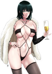  1girl alcohol bikini blunt_bangs breasts champagne champagne_flute coat coat_on_shoulders cup dark_green_hair detached_sleeves drinking_glass earrings fubuki_(one-punch_man) fur_coat fur_trim green_eyes hand_on_own_hip highleg highres holding holding_cup jewelry large_breasts looking_at_viewer navel necklace one-punch_man pearl_necklace revealing_clothes short_hair smile swimsuit thighhighs xter  rating:Sensitive score:125 user:danbooru