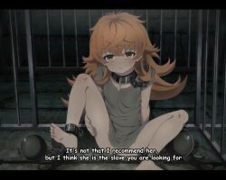  1girl ball_and_chain_restraint barefoot bdsm bondage bound chain closed_mouth collar crossed_bangs dwarf english_text eroartdraw female_focus frown indoors juliette_(mushoku_tensei) loli long_hair looking_at_viewer mushoku_tensei orange_eyes orange_hair sitting slave soles solo spread_legs subtitled toes  rating:Questionable score:248 user:danbooru