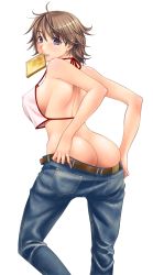 1girl asakura_sakura ass back belt bread_slice breasts brown_hair butt_crack camisole covered_erect_nipples crop_top denim dressing food food_in_mouth from_behind jeans large_breasts looking_back mouth_hold no_bra no_panties pants purple_eyes short_hair sideboob solo toast toast_in_mouth undressing rating:Questionable score:73 user:danbooru