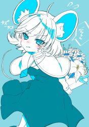 1girl animal_ears arms_behind_back blue_eyes blue_theme blush bouquet capelet dress flower hall_jion highres holding holding_bouquet jewelry looking_at_viewer medium_hair mouse_ears mouse_girl mouse_tail nazrin necklace open_mouth tail touhou translation_request v-shaped_eyebrows