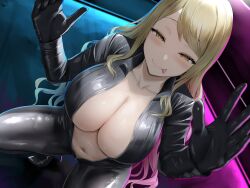  1girl :p absurdres black_bodysuit blonde_hair blush bodysuit breasts cleavage closed_mouth hands_up high_heels highres large_breasts long_hair looking_at_viewer navel no_bra non-web_source oekakizuki original smile solo squatting tongue tongue_out yellow_eyes  rating:Sensitive score:9 user:danbooru
