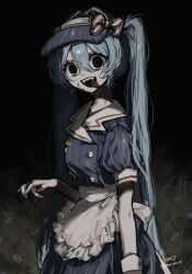  1girl apron aqua_hair black_background black_eyes blood blood_on_face blue_dress blue_hat bow buttons confetti crazy_eyes crazy_smile dark dress empty_eyes grass hair_between_eyes hand_up hat hat_bow hatsune_miku highres horror_(theme) long_hair looking_at_viewer mesmerizer_(vocaloid) open_mouth pale_skin pinstripe_dress pinstripe_hat pinstripe_pattern puffy_short_sleeves puffy_sleeves sayuna_sr sharp_teeth short_sleeves sidelocks signature smile solo squiggle_eyes striped_bow striped_clothes striped_dress teeth tongue tongue_out twintails twitter_username vertical-striped_bow vertical-striped_clothes vertical-striped_dress visor_cap vocaloid white_apron 
