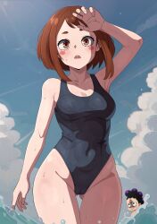  1boy 1girl arm_at_side arm_up armpits blue_one-piece_swimsuit blue_sky blush boku_no_hero_academia breasts brown_eyes brown_hair cleft_of_venus cloud collarbone covered_navel day eyebrows eyelashes fenqury highleg highleg_swimsuit looking_at_another looking_at_viewer matching_hair/eyes medium_breasts medium_hair mineta_minoru one-piece_swimsuit open_mouth sky solo_focus standing swimsuit teeth upper_teeth_only uraraka_ochako water 