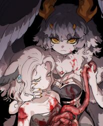  2girls aiara_(cyany) animal_ears black_background blood blood_on_clothes blood_on_face blood_on_hands breasts bright_pupils claws closed_mouth colored_eyelashes colored_sclera colored_skin colored_tips commentary cyany dark death empty_eyes english_commentary feathered_wings grey_hair grey_skin grey_wings guro half-closed_eyes hand_on_another&#039;s_face highres holding horns injury intestines large_breasts looking_at_viewer monster_girl multicolored_hair multiple_girls multiple_horns murder neck_fur orange_eyes orange_horns original short_hair simple_background smile upper_body white_pupils wings yellow_sclera 