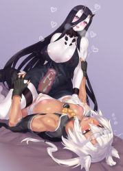  2girls absurdres areola_slip arm_grab battleship_princess black_gloves black_nails blush grabbing_another&#039;s_breast breasts censored cleavage clothed_sex covered_erect_nipples cowgirl_position cum dark-skinned_female dark_skin ejaculation eyewear_on_head fingerless_gloves futa_with_female futanari girl_on_top glasses gloves grabbing hair_between_eyes heart heart-shaped_pupils highres horns internal_cumshot kantai_collection large_areolae large_breasts long_hair looking_at_another lying mizuumi_(bb) mosaic_censoring multiple_girls musashi_(kancolle) musashi_kai_(kancolle) nail_polish on_back open_mouth pale_skin penis pink_eyes purple_background red_eyes sex simple_background straddling sweat symbol-shaped_pupils twintails x-ray  rating:Explicit score:127 user:danbooru