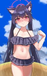  1girl absurdres animal_ear_fluff animal_ears bare_shoulders bikini black_bikini black_hair blue_archive blue_sky blush breasts cat_ears closed_mouth cloud cowboy_shot day extra_ears frilled_bikini frills halo highres holding holding_swim_ring innertube kumowaku long_hair looking_at_viewer navel off-shoulder_bikini off_shoulder official_alternate_costume outdoors red_eyes see-through serika_(blue_archive) serika_(swimsuit)_(blue_archive) sky smile solo standing stomach swim_ring swimsuit twintails water_drop wet 