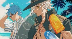  2boys beach blue_eyes blue_hair blue_sky commentary commission english_commentary fate/grand_order fate_(series) food glasses glint green_jacket hans_christian_andersen_(adult)_(fate) hans_christian_andersen_(fate) hat holding holding_food holding_popsicle jacket jewelry key key_necklace male_focus mashugure multiple_boys necklace open_clothes open_jacket open_shirt outdoors palm_tree popsicle shirt skeb_commission sky striped_clothes striped_shirt tree white_hair yellow_eyes 
