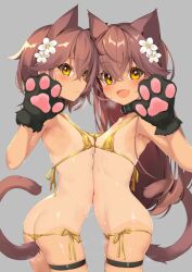  2girls :d animal_ear_fluff animal_ears animal_hands ass bare_shoulders bikini blush breasts brown_hair cat_ears cat_girl cat_paws cat_tail collar commentary_request covered_erect_nipples fake_tail flower gloves grey_background hair_flower hair_ornament hands_up highres loli long_hair looking_at_viewer lowleg lowleg_bikini micro_bikini multiple_girls navel one-piece_tan open_mouth original paid_reward_available paw_gloves short_hair simple_background smile standing sweat swimsuit tail tan tanline thigh_strap yanagi_yuu yellow_eyes 