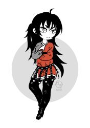  1girl absurdres ahoge black_hair boots chinese_clothes closed_mouth crossed_arms fatrabbitr freckles full_body garter_straps hanfu highres long_hair long_sleeves raven_branwen rwby_chibi skirt solo thighhighs white_eyes yuanlingshan 
