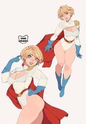  1girl artist_name ass blonde_hair blue_eyes breasts cape chain cleavage_cutout clothing_cutout curly_hair dc_comics earrings full_body gloves hand_on_own_hip highres jewelry kamii_momoru large_breasts lips power_girl short_hair simple_background smile superman_(series) teeth thighs 