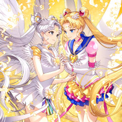  2girls bishoujo_senshi_sailor_moon blonde_hair blue_eyes blue_sailor_collar brooch closed_mouth collarbone commentary crescent crescent_earrings crescent_facial_mark double_bun dress earrings elbow_gloves eternal_sailor_moon facial_mark feathered_wings feathers forehead_mark frilled_dress frills gloves grey_choker grey_eyes grey_hair hair_bun hair_ornament heart heart_brooch heart_hair_bun heart_o-ring highres holding_hands interlocked_fingers jewelry long_hair looking_at_another magical_girl multiple_girls multiple_rings nardack parted_bangs pleated_dress ring sailor_collar sailor_cosmos sailor_moon sailor_senshi_uniform sidelocks standing star_(symbol) star_earrings star_facial_mark tsukino_usagi twintails very_long_hair white_dress white_gloves wings 