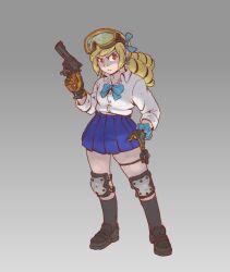  1girl blonde_hair blue_bow blue_bowtie bow bowtie commentary_request drill_hair frown full_body furrowed_brow goggles goggles_on_head gradient_background gun hand_on_own_hip handgun hat_legs highres holding holding_gun holding_weapon knee_pads miniskirt original pleated_skirt pouch red_eyes revolver school_uniform scrunchie serious skirt solo thigh_pouch thigh_strap thighhighs trigger_discipline two-tone_gloves weapon wrist_scrunchie 