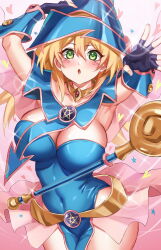  1girl adapted_costume adjusting_clothes adjusting_headwear black_gloves blonde_hair blue_leotard blush_stickers bracer breasts cleavage collar collarbone covered_navel cowboy_shot dark_magician_girl fingerless_gloves gloves gradient_background green_eyes hat heart highres hikari_(komitiookami) large_breasts leotard long_hair open_mouth pink_background solo staff standing star_(symbol) wizard_hat yu-gi-oh! yu-gi-oh!_duel_monsters 