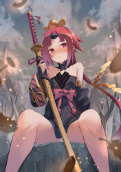  1girl absurdres arm_guards bare_shoulders benienma_(fate) benienma_alter_(fate) bird_hair_ornament black_dress blush bow breasts cloud cloudy_sky detached_collar detached_sleeves dress fate/grand_order fate_(series) feather_trim feathers gloves gold_trim hair_ornament highres holding holding_sword holding_weapon long_hair looking_at_viewer mountain nakami_chihiro panties parted_bangs red_bow red_eyes red_feathers red_hair rock sitting sitting_on_rock sky small_breasts sword thighs underwear very_long_hair weapon white_panties 