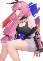  1girl ab_(cat921) absurdres animal_ears ayla:_kaleido_(punishing:_gray_raven) bare_legs bare_shoulders black_overalls breasts cleavage drill_hair fake_animal_ears hairband highres joints large_breasts long_hair mechanical_arms overall_shorts overalls pink_hair punishing:_gray_raven rabbit_ears robot_joints side_drill skirt solo white_skirt 