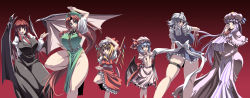  6+girls absurdres bat_wings blonde_hair blue_eyes blue_hair braid breasts cameltoe china_dress chinese_clothes curvy dress embodiment_of_scarlet_devil female_focus flandre_scarlet gigantic_breasts gradient_background hairband hat head_wings highres hong_meiling huge_breasts izayoi_sakuya kloah knife koakuma long_hair long_image maid maid_headdress multiple_girls necktie patchouli_knowledge purple_eyes purple_hair red_eyes red_hair remilia_scarlet short_hair siblings silver_hair sisters skirt thighs throwing_knife touhou twin_braids very_long_hair weapon wide_image wings  rating:Questionable score:48 user:rick136
