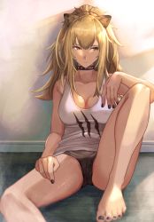 1girl absurdres animal_ears arknights bare_arms bare_legs bare_shoulders barefoot black_choker black_nails black_panties blonde_hair breasts brown_eyes choker cleavage collarbone commentary_request feet_out_of_frame female_focus highres indoors knee_up large_breasts lion_ears long_hair looking_to_the_side mouth_hold mutsuki_albino nail_polish no_pants panties partial_commentary shadow siege_(arknights) sitting solo tank_top thighs toenail_polish toenails underwear white_tank_top rating:Sensitive score:24 user:danbooru