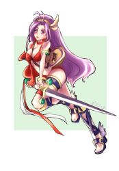  1girl athena_(series) bikini breasts cleavage feet full_body legs long_hair looking_at_viewer medium_breasts open_mouth poririna princess_athena purple_eyes purple_hair snk solo swimsuit sword weapon  rating:Sensitive score:2 user:bananenmilch