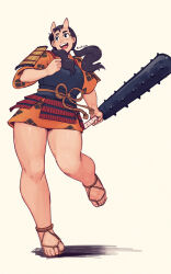  1girl absurdres armor bare_legs black_eyes black_hair breastplate chipped_tooth clenched_hand club club_(weapon) dungeon_meshi feet floating_hair full_body hand_up highres holding holding_weapon horns inutade japanese_armor japanese_clothes kanabou kimono knees kusazuri legs looking_afar low_twintails mole mole_under_eye oni open_mouth orange_kimono panties panty_peek print_kimono raichiyo33 ribbon running shadow short_kimono shoulder_armor signature simple_background skin-covered_horns smile sode solo spiked_club thick_thighs thighs toenails toes tongue twintails underwear waraji weapon white_background 