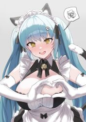  1girl @_@ absurdres animal_ear_fluff animal_ears aqua_hair bare_shoulders blush breasts cat_ears cleavage commentary_request elbow_gloves embarrassed gloves goddess_of_victory:_nikke grey_background heart heart-shaped_boob_challenge heart_hands highres large_areolae large_breasts lia_(pzvs3887) long_hair looking_at_viewer maid official_alternate_costume open_mouth paw_hair_ornament privaty_(nikke) privaty_(unkind_maid)_(nikke) simple_background solo spoken_squiggle squiggle twintails very_long_hair white_gloves yellow_eyes 