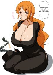 1girl absurdres alternate_costume anger_vein black_dress breasts chain cleavage cleavage_cutout clothing_cutout crossed_arms dress english_text fishnets highres hip_vent huge_breasts large_breasts long_hair looking_back matching_hair/eyes nami_(one_piece) one_piece orange_eyes orange_hair prisoner sideways_glance simple_background slave solo source_request sweat thought_bubble white_background  rating:Questionable score:50 user:Queen_Shadow