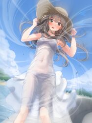  1girl blue_sky blush bow bow_panties brown_eyes brown_hair covered_erect_nipples covered_navel dress dutch_angle hat holding holding_clothes holding_hat looking_at_viewer nose_blush open_mouth original outdoors panties sidelocks sky solo straw_hat sundress tachiinu tight_clothes underwear white_dress wind 
