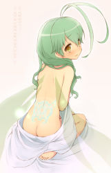 1girl antenna_hair ar_tonelico ar_tonelico_ii ass back back_focus bad_id bad_pixiv_id bare_back barefoot bed_sheet blush butt_crack covering_privates fairy fairy_wings feet female_focus frelia_(ar_tonelico) frelia_ansul_solmarta from_behind glowing glowing_tattoo graphite_(medium) green_hair gust highres install_port long_hair looking_back mixed_media naked_sheet nude_cover open_mouth sitting soles solo tattoo toes traditional_media translated utsugi_(skydream) wings yellow_eyes rating:Questionable score:62 user:danbooru
