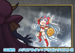  1boy 1girl absurdres animal_ears aonoji armor bikini_armor blue_hair blunt_bangs commentary_request crossover crotch_plate dragon_quest dragon_quest_iii greaves highres holding holding_shield holding_sword holding_weapon horse_ears horse_girl horse_tail light_blue_hair long_hair mejiro_ardan_(umamusume) pauldrons purple_eyes shield shoulder_armor soldier_(dq3) sword tail translation_request umamusume v-shaped_eyebrows weapon zoma 