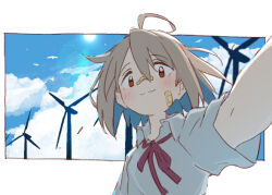  1girl :3 bandaid bandaid_on_face bandaid_on_nose bird blue_hair blue_sky closed_mouth cloud commentary day do_it_yourself!! grey_hair hair_between_eyes kounosu_satori looking_at_viewer multicolored_hair neck_ribbon outdoors red_eyes red_ribbon ribbon selfie shirt sky solo sun upper_body white_shirt wind_turbine windmill yua_serufu 