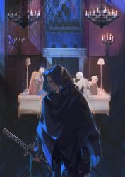  black_dress black_gloves black_shorts blonde_hair blue_eyes blush breasts candelabra candle candlestand cleavage clenched_hand cloak closed_eyes closed_mouth coat couch crack cracked_skin cracked_wall cumcmn cup dante_(devil_may_cry) devil_may_cry_(series) devil_may_cry_5 dress drinking eating eva_(devil_may_cry) family fingerless_gloves fingernails fire fork gloves hair_slicked_back highres holding holding_cup holding_fork holding_plate holding_sword holding_weapon hood hood_up hooded_cloak indoors katana lamp long_hair looking_back plate portrait_(object) purple_coat sheath sheathed shorts sitting smile sparda spoilers sword tea_set teacup torn_cloak torn_clothes vergil_(devil_may_cry) weapon white_hair 