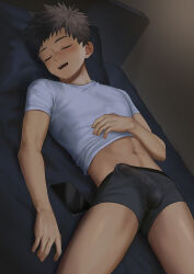  1boy batsusuke bed black_male_underwear blush boxer_briefs brown_hair bulge cellphone closed_eyes clothes_lift commentary_request covered_penis cowboy_shot dutch_angle erection erection_under_clothes facing_viewer hand_up highres indoors linea_alba lying male_focus male_underwear midriff navel night on_back on_bed open_mouth original paid_reward_available phone pillow precum precum_through_clothes shirt shirt_lift short_sleeves sleeping smartphone solo spiked_hair spread_legs underwear white_shirt 