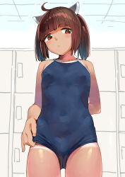  1girl adjusting_clothes adjusting_swimsuit ahoge blue_one-piece_swimsuit blunt_bangs brown_hair commentary_request competition_school_swimsuit flat_chest headgear locker locker_room looking_at_viewer one-piece_swimsuit one-piece_tan red_eyes school_swimsuit shiden_(sashimi_no_wife) short_hair solo swimsuit tan tanline touhoku_kiritan twintails voiceroid 