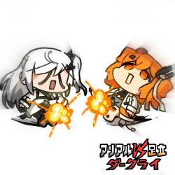  2girls a.i._voice adachi_rei allial_(coefont) android black_shirt chibi closed_eyes coefont colored_tips commentary_request explosion explosion_gag furrowed_brow grey_hair grey_shorts hair_ribbon headlamp hood hood_down hooded_jacket jacket joints long_hair long_sleeves looking_up medium_hair multicolored_hair multiple_girls one_side_up open_clothes open_jacket orange_eyes orange_hair radio_antenna raised_eyebrows reakaki ribbon robot_joints shirt shorts translation_request utau white_hair white_ribbon 