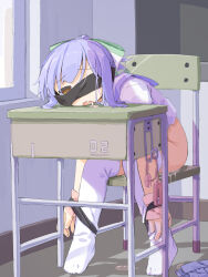  1girl after_rape bad_id bad_twitter_id black_blindfold blindfold bottomless bound brown_eyes chair classroom cum cumdrip desk egg_vibrator female_focus full_body hassai highres indoors open_mouth original purple_hair restrained school_chair school_desk sex_toy sitting solo thighhighs vibrator white_thighhighs 