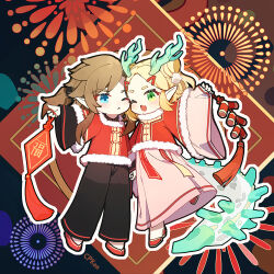  1boy 1girl black_pants blonde_hair blue_eyes cat_princess chibi chinese_clothes chinese_new_year chinese_zodiac coat dragon_girl dragon_horns dragon_tail fireworks full_body fur-trimmed_coat fur_trim green_eyes horns link medium_hair nintendo one_eye_closed open_mouth pants parted_bangs pointy_ears ponytail princess_zelda red_coat red_footwear short_hair sidelocks smile tail tassel the_legend_of_zelda the_legend_of_zelda:_tears_of_the_kingdom wide_sleeves year_of_the_dragon 