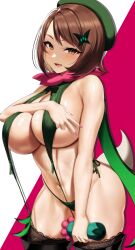  1girl absurdres alternate_breast_size bare_shoulders bikini black_thighhighs blush boots breasts brown_eyes brown_hair commentary cosplay cowboy_shot creatures_(company) english_commentary game_freak gloria_(pokemon) green_bikini green_hat hair_ornament hat highres holding kook large_breasts looking_at_viewer meowscarada meowscarada_(cosplay) navel nintendo open_mouth pink_nails pokemon pokemon_swsh short_hair side-tie_bikini_bottom sideboob simple_background smile solo stomach swimsuit thigh_boots thighhighs thighhighs_under_boots thighs 