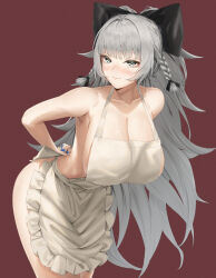  1girl absurdres apron arms_behind_back azur_lane bare_shoulders bent_over blue_nails blush braid breasts cleavage closed_mouth commission cowboy_shot grey_eyes grey_hair hanging_breasts highres huge_breasts long_hair looking_at_viewer naked_apron pixel_(yuxian) pixiv_commission side_braid sideboob simple_background solo tying_apron very_long_hair vittorio_veneto_(azur_lane) 